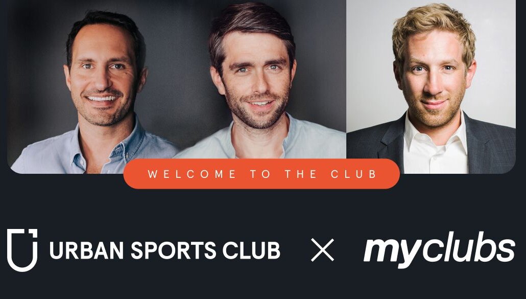Graphic with text ‘Welcome to the club: Urban Sports Club x myClubs’, with portrait photos of the two Urban Sports Club founders and the founder of myClubs.