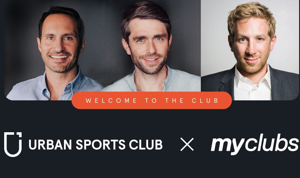Grafik mit Schriftzug ‚Welcome to the club: Urban Sports Club x myClubs‘, darüber Porträtfotos der beiden Gründer von Urban Sports Club sowie des Gründers von myClubs.